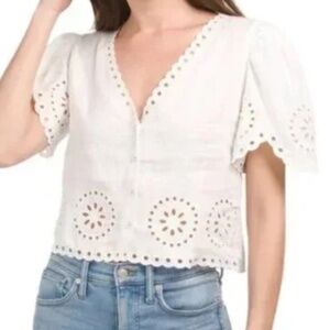 Elie Tahari Embroidered Eyelet Short Sleeve Shirt